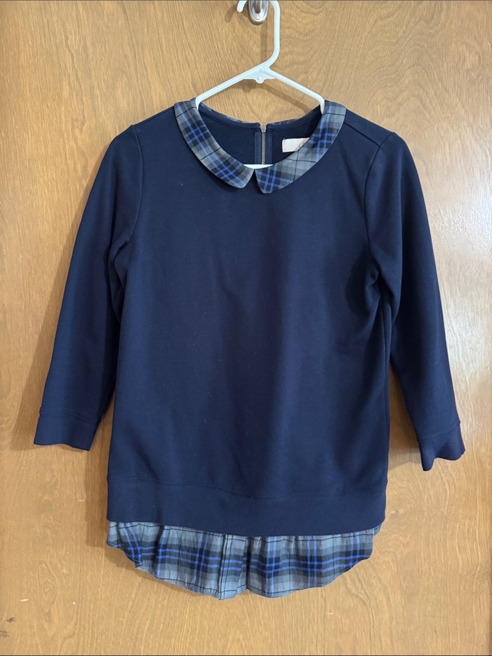 Loft Women's Navy Crewneck 3/4 length sleeve Sweater with Plaid Trim